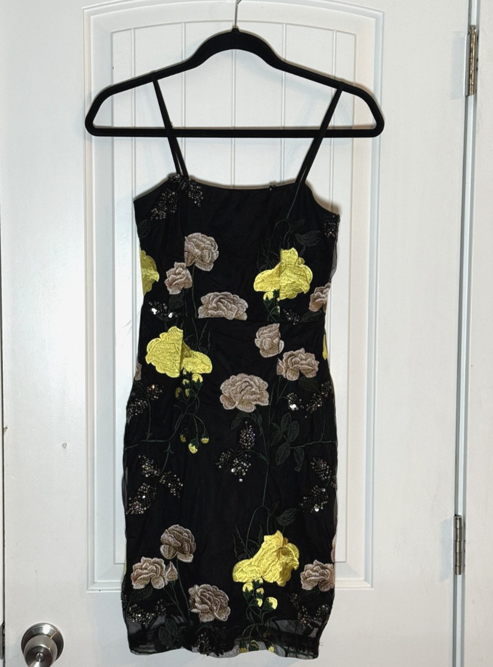 Lulus Dress Black Rue Floral Embroidered Sequin Sleeveless Mini Bodycon Size XS